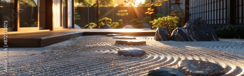 Serene Zen Garden With Raked Sand and Sunbeams at Dawn