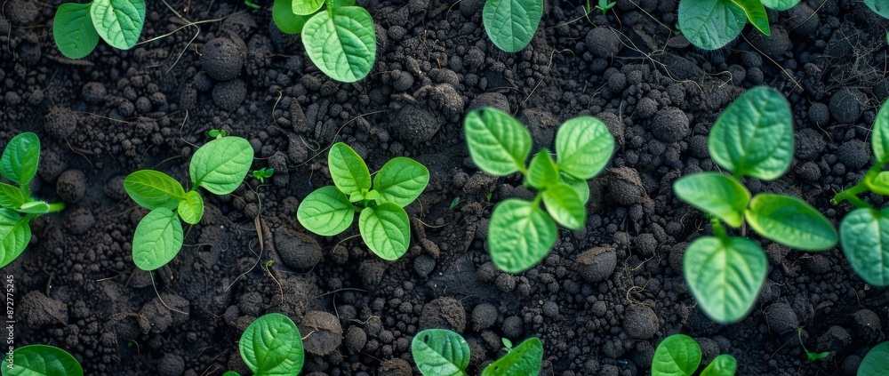 A top view shows rows of soybean plants, highlighting the green foliage and orderly agricultural landscape. A top view shows rows of soybean plants, highlighting the green foliage and orderly agricultural landscape.