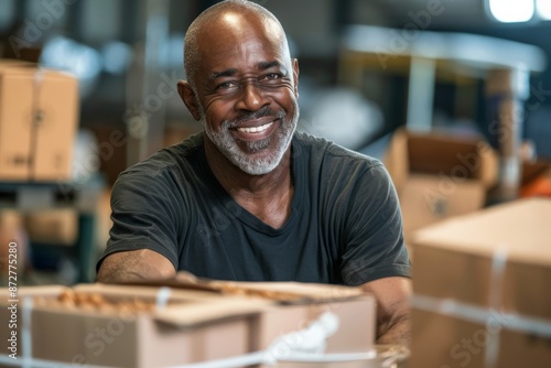 A senior man with a bright smile, managing boxes in a warehouse environment, wearing a black t-shirt and exuding joy and professionalism in the performance of his duties.