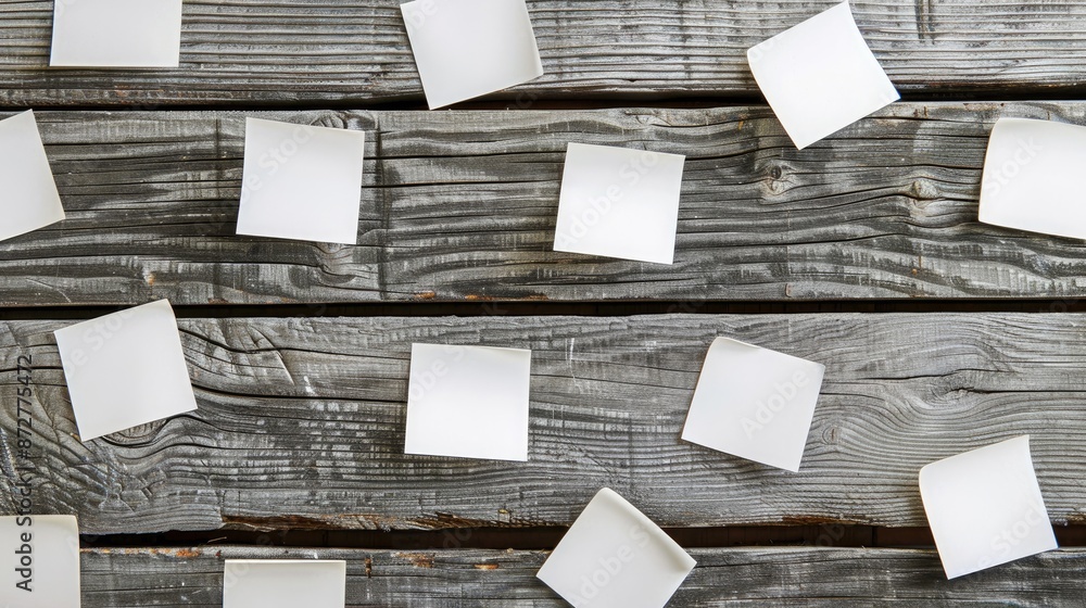 White sticky notes on wooden surface White sticky notes on wooden surface