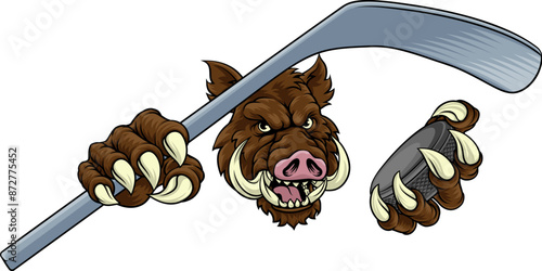 A wild boar, hog razorback warthog pig hockey sports cartoon mascot