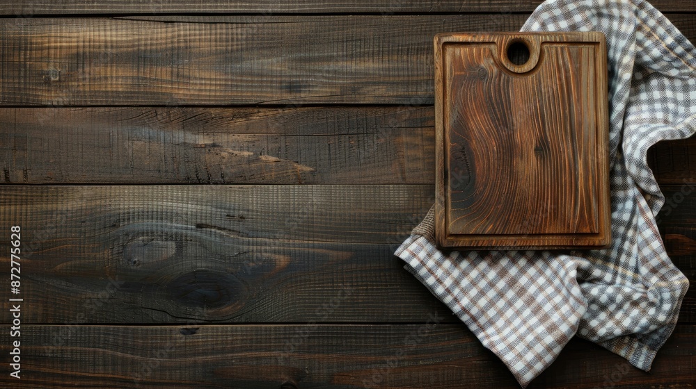 Top view of cutting board and towel on wooden surface Top view of cutting board and towel on wooden surface