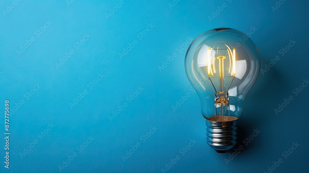 A solitary lightbulb illuminating a blue background with copy space A solitary lightbulb illuminating a blue background with copy space