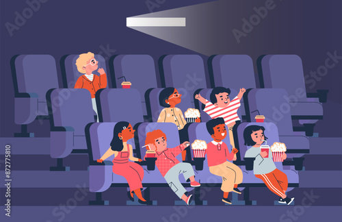 Vector illustration of children with popcorn and drinks in the movie theater.
