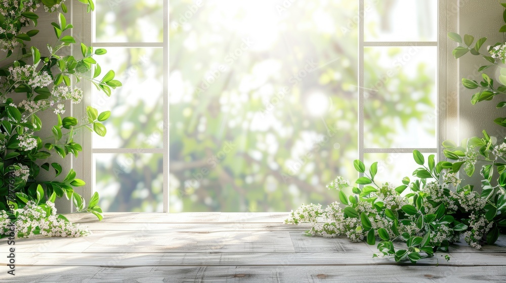 Board with empty space decorated with green flowers Blurred white window and area for creating Morning sunlight in spring Board with empty space decorated with green flowers Blurred white window and area for creating Morning sunlight in spring