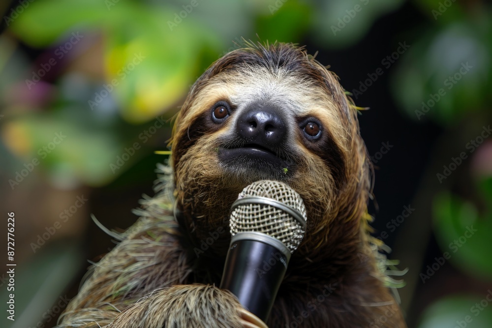 Fototapeta premium A cute sloth holds a microphone while surrounded by green foliage, appearing to perform or speak, merging natural animal charm with the portrayal of talent.