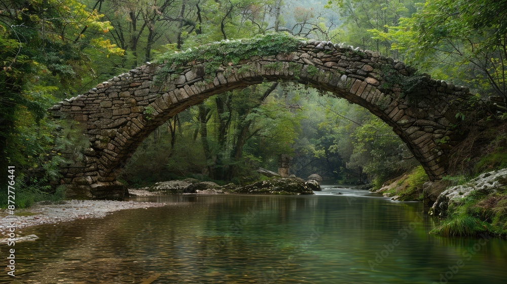 An ancient stone bridge over a tranquil river in a forest An ancient stone bridge over a tranquil river in a forest