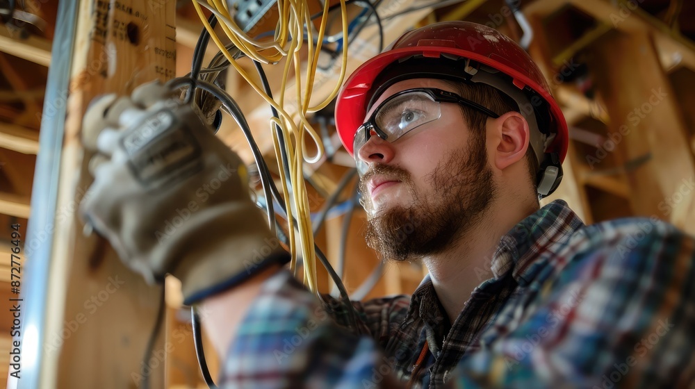 An electrician installing wiring in a new building, highlighting skilled trades An electrician installing wiring in a new building, highlighting skilled trades