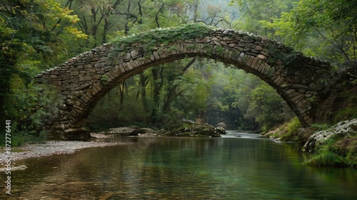 An ancient stone bridge over a tranquil river in a forest