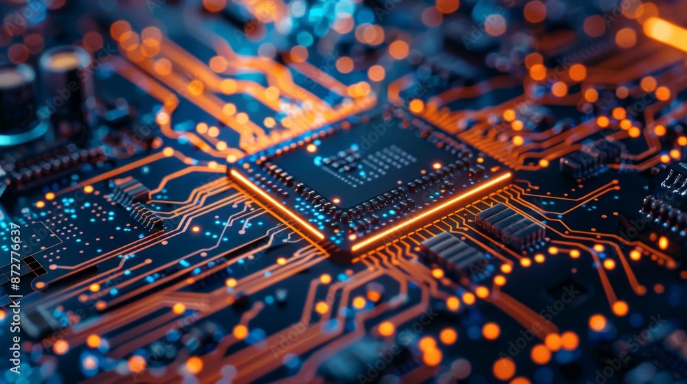 Close-up of illuminated circuit board with glowing processor. Close-up of illuminated circuit board with glowing processor.