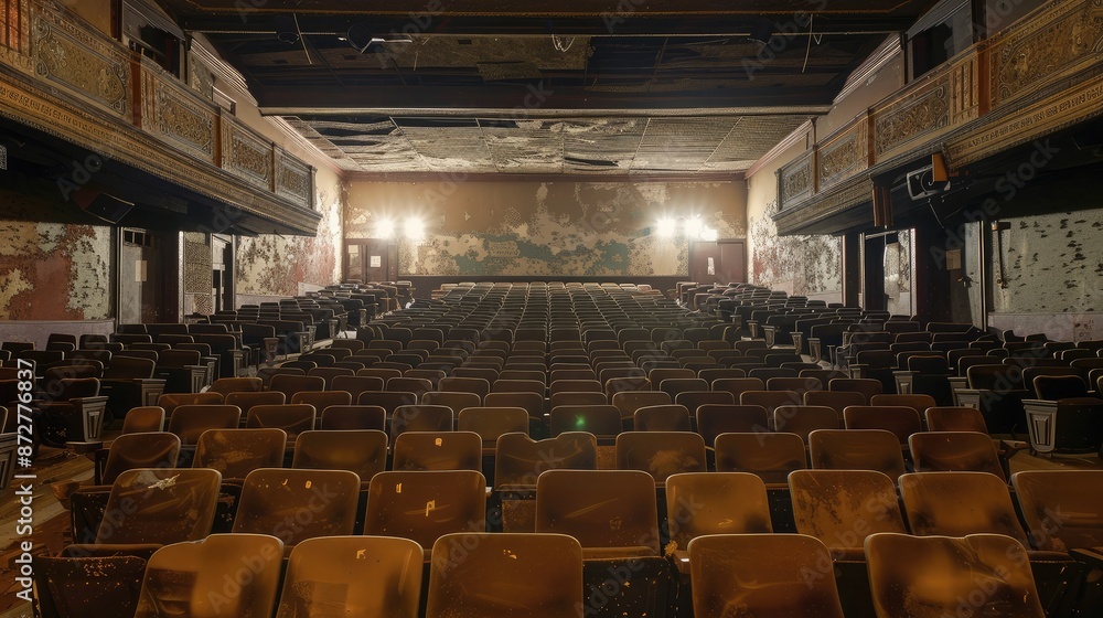 An empty, dimly lit theater with rows of vacant seats An empty, dimly lit theater with rows of vacant seats