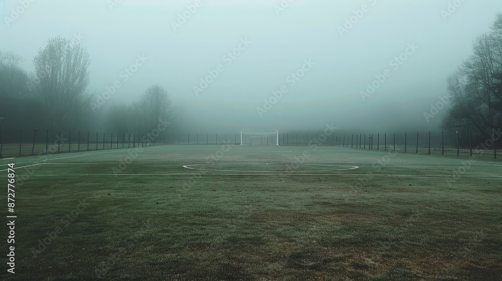 An empty, foggy football field with the goalposts barely visible An empty, foggy football field with the goalposts barely visible
