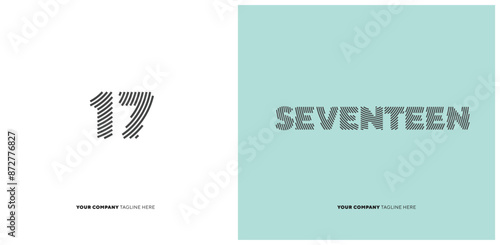 Number or Digit 17 seventeen, with line effect editable vector.
