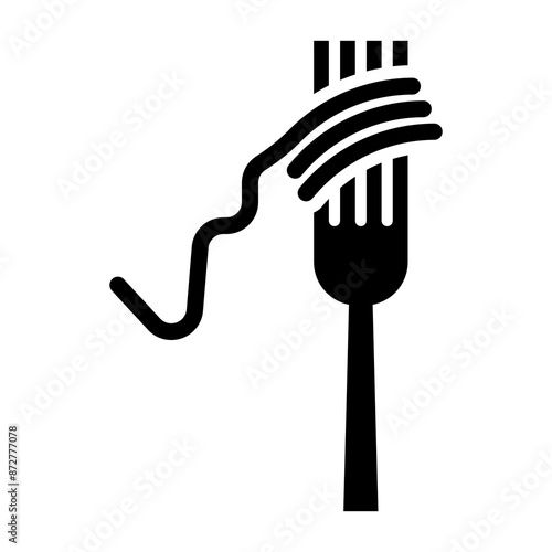 Illustration showing a black icon of a fork with spaghetti on a white background