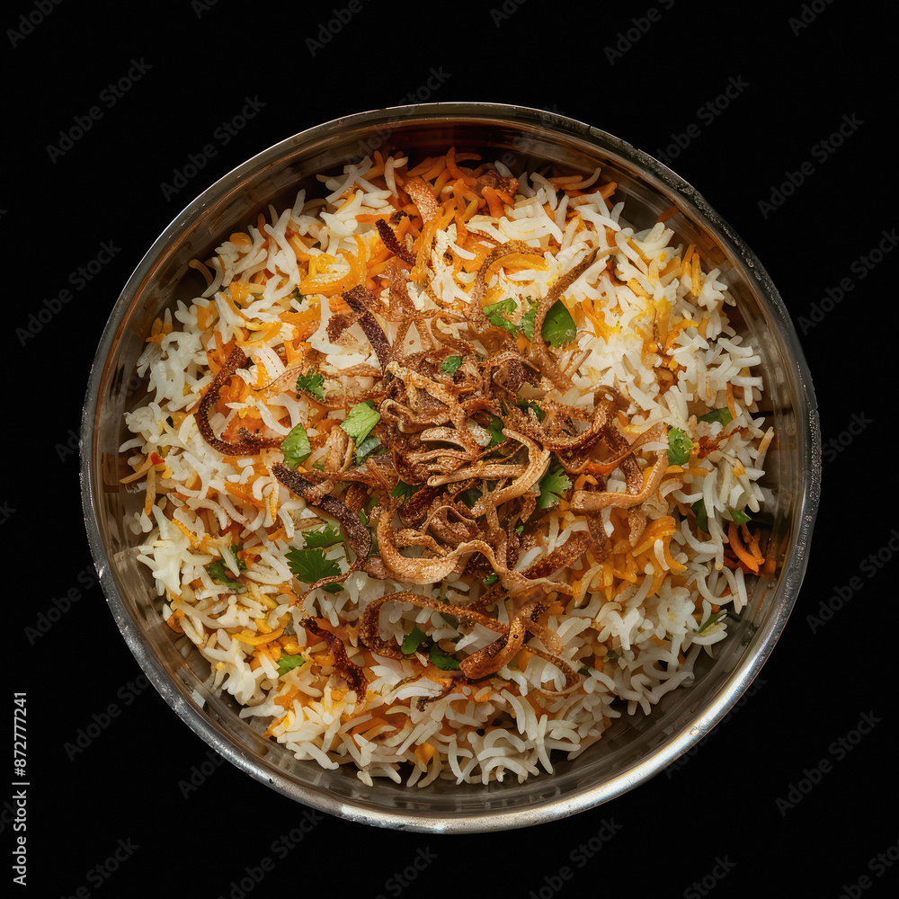 chicken biryani in bowl on dark background chicken biryani in bowl on dark background