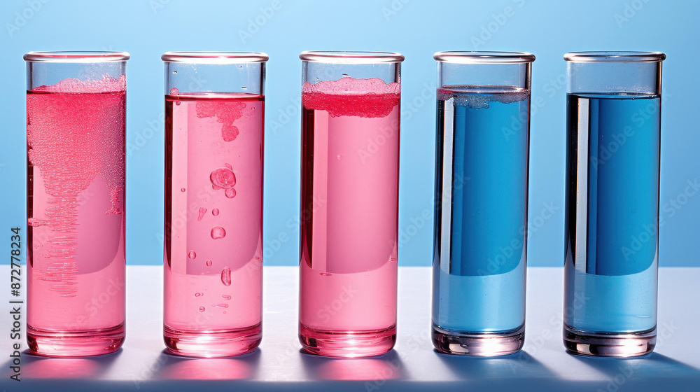 Macro shot of five glass test tubes with pink liquid on light blue backdrop, symbolizing scientific exploration and analysis. Macro shot of five glass test tubes with pink liquid on light blue backdrop, symbolizing scientific exploration and analysis.