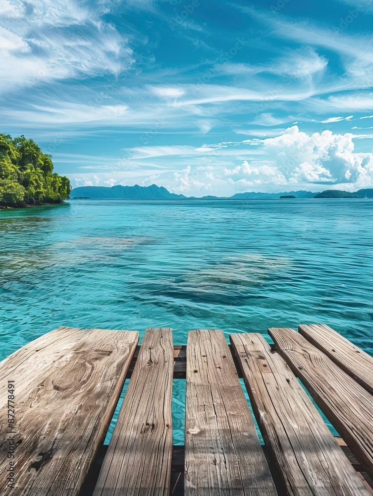 Fototapeta premium Beautiful clear turquoise waters and a wooden deck overlooking the ocean, with lush green islands and mountains in the background.