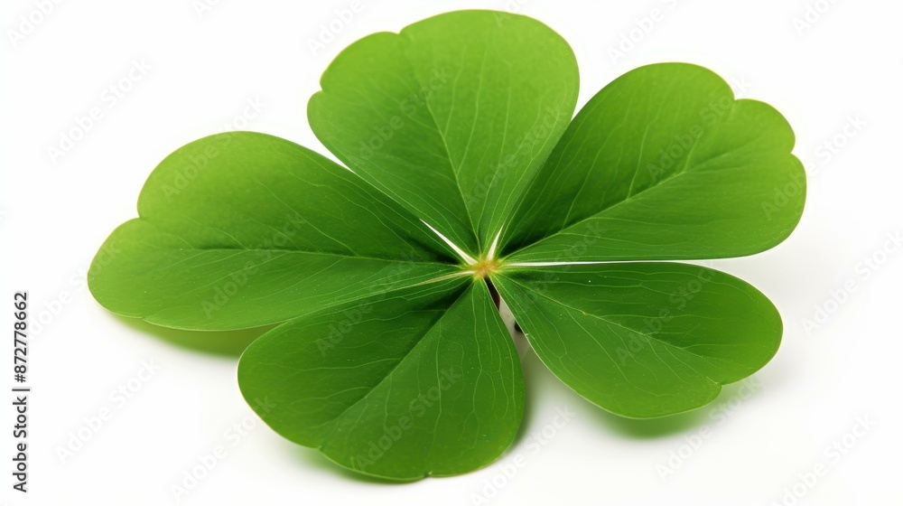 Vibrant green clover leaf with three segments on white background closeup view Vibrant green clover leaf with three segments on white background closeup view