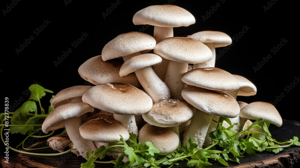 Fresh white mushrooms on a dark background, ideal for culinary and organic food themes with minimalist composition. Fresh white mushrooms on a dark background, ideal for culinary and organic food themes with minimalist composition.