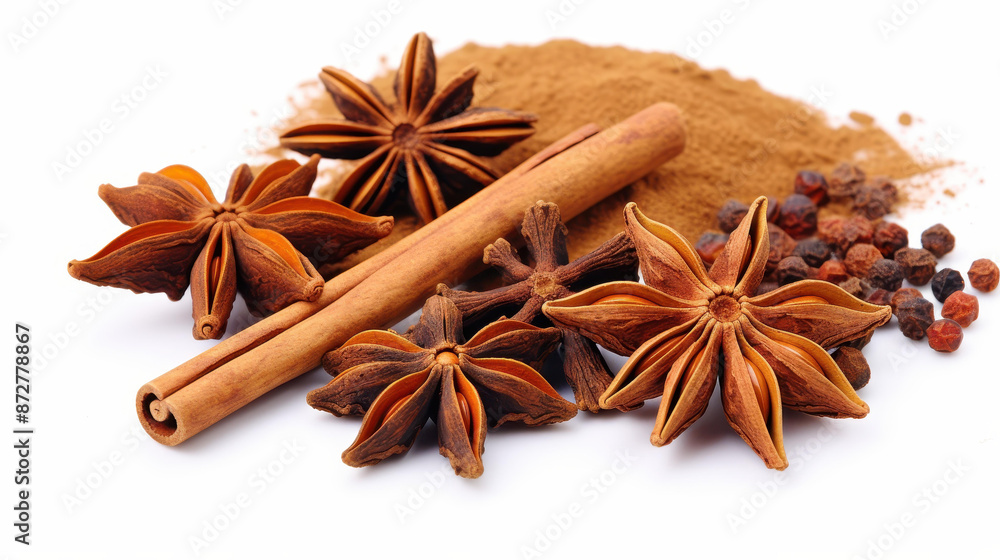 A closeup of aromatic cinnamon sticks and star anise on a white background, perfect for culinary use. A closeup of aromatic cinnamon sticks and star anise on a white background, perfect for culinary use.
