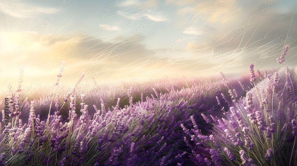 Calming Lavender Meadow with Drifting Clouds in Golden Hour Scenery Calming Lavender Meadow with Drifting Clouds in Golden Hour Scenery