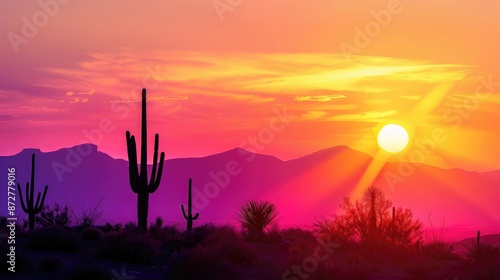 Silhouette of a desert landscape with cacti against a vibrant sunset