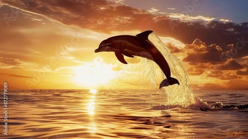Silhouette of a dolphin jumping out of the water at sunset