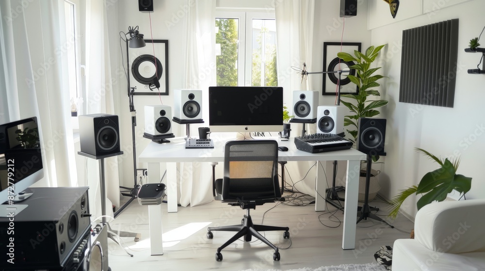 Modern Home Recording Studio Setup with White Desk and Black Speakers Modern Home Recording Studio Setup with White Desk and Black Speakers