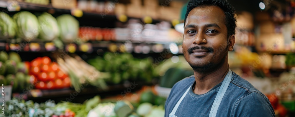 Naklejka premium Indian man standing proudly in organic grocery store.