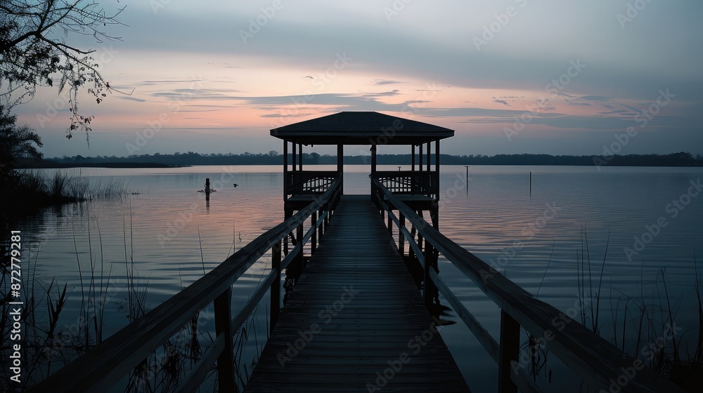 Silhouette of a fishing pier extending into a lake at dusk Silhouette of a fishing pier extending into a lake at dusk