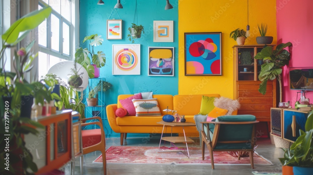 Modern Living Room with Vibrant Colors and Mid-Century Furniture Modern Living Room with Vibrant Colors and Mid-Century Furniture