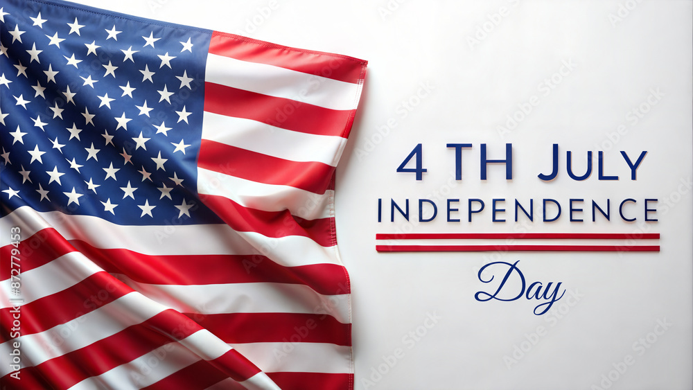 A conceptual greeting poster with an American flag hanging from the upper right corner on a white background and the words July 4th Independence Day. A conceptual greeting poster with an American flag hanging from the upper right corner on a white background and the words July 4th Independence Day.
