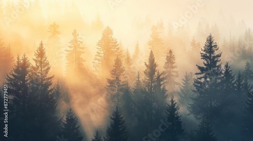 Silhouette of a forest with mist and morning sun rays