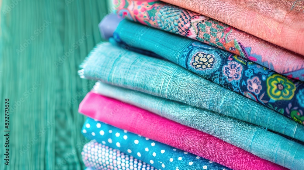 Variety of blue and pink fabric samples green background close up Variety of blue and pink fabric samples green background close up