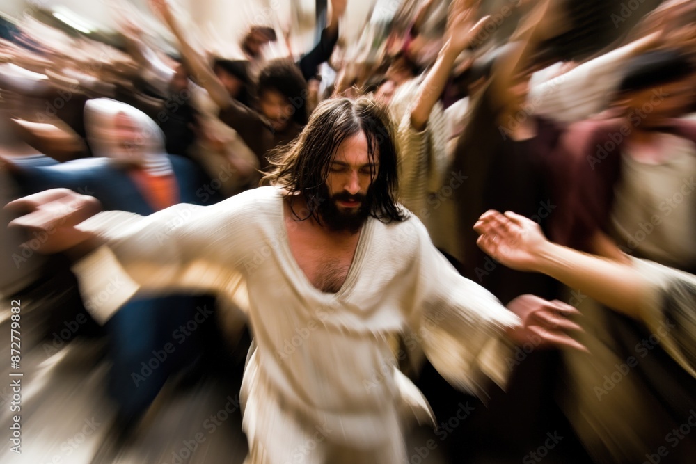 Obraz premium Jesus in white robe with arms raised surrounded by crowd in ancient setting. Historical reenactment, religious event, spiritual moment, crowd dynamics.
