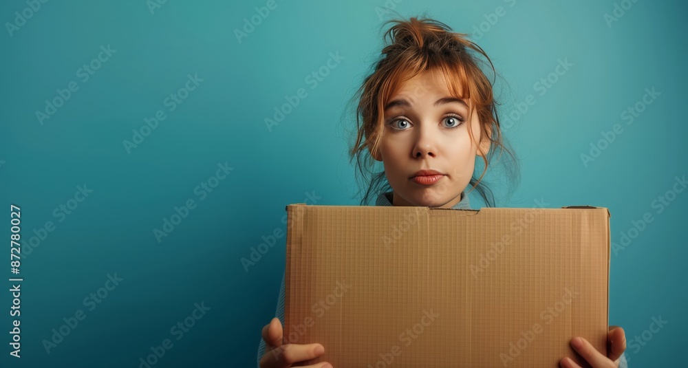 A young woman, filled with curiosity, holds up an empty cardboard box, her gaze fixed on the camera against a bright blue background. A young woman, filled with curiosity, holds up an empty cardboard box, her gaze fixed on the camera against a bright blue background.