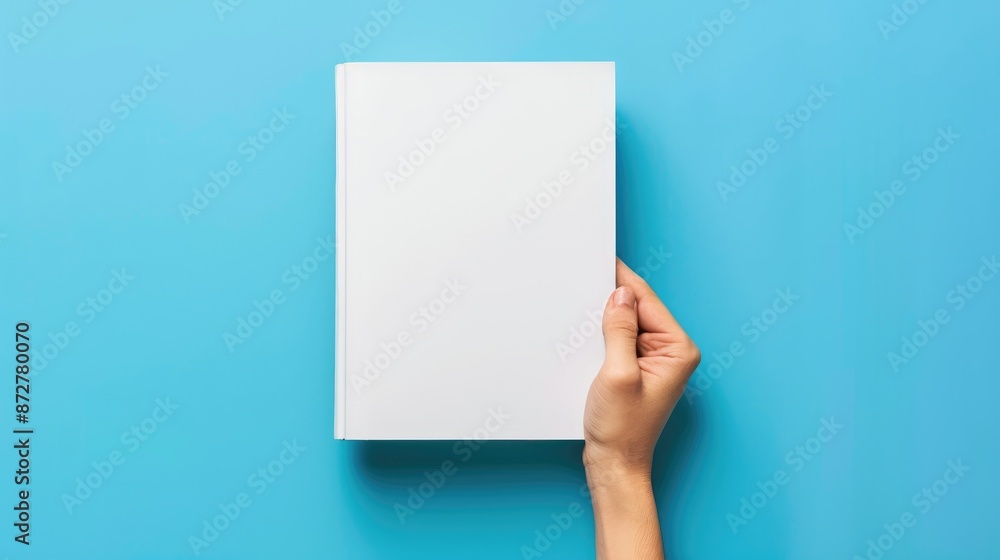 Male hand holding paper business book mockup on blue background with copy space Hardcover mockup blank template High quality image Male hand holding paper business book mockup on blue background with copy space Hardcover mockup blank template High quality image