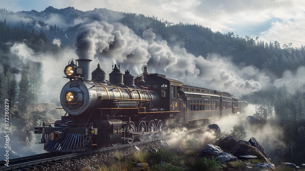 Fototapeta premium Majestic Steam Locomotive Traversing Misty Mountainous Landscape in Digital Art Rendering
