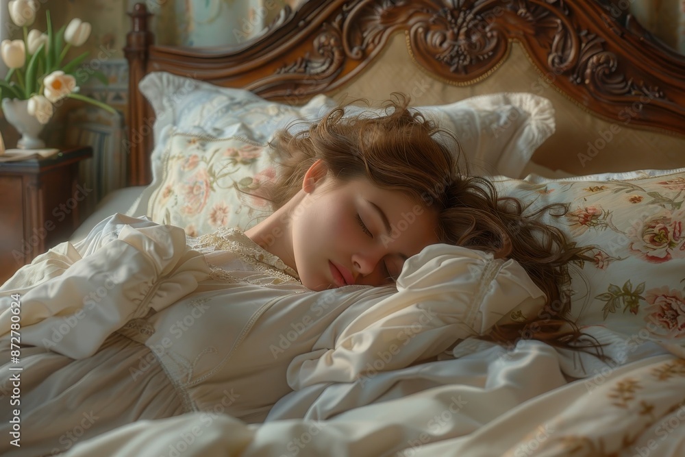 Artistic interpretation of a person sleeping peacefully in a beautifully decorated bedroom. Artistic interpretation of a person sleeping peacefully in a beautifully decorated bedroom.