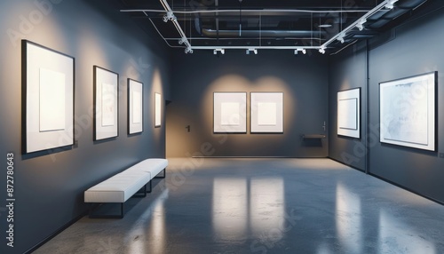 Modern gallery space with empty white frames on dark grey walls, professional lighting, and an empty seating bench.
