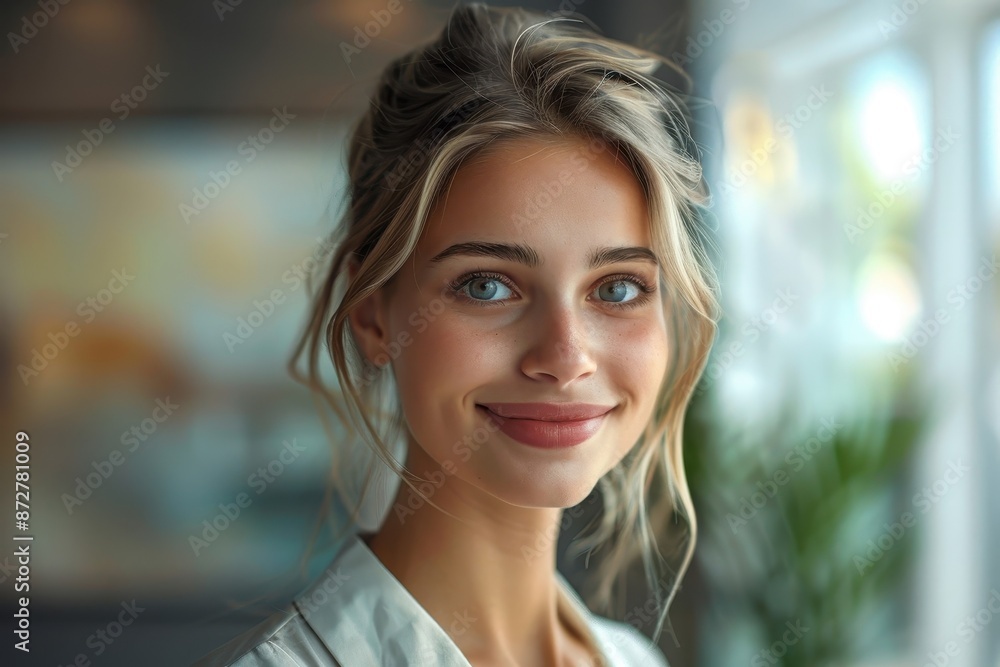 Fototapeta premium A radiant businessperson smiling brightly, embodying professionalism and warmth.