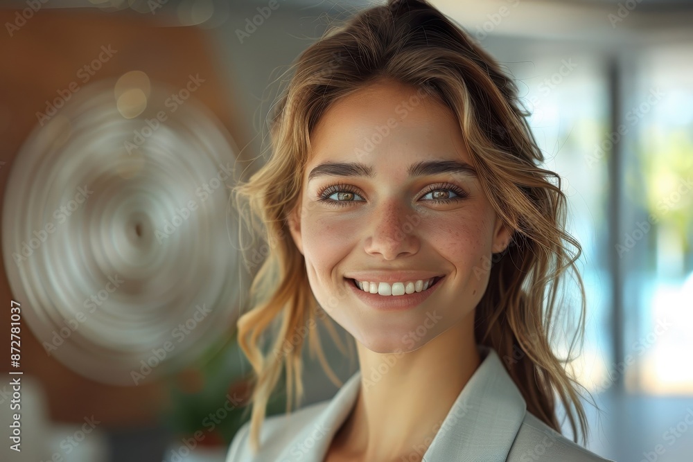 Fototapeta premium A radiant businessperson smiling brightly, embodying professionalism and warmth.