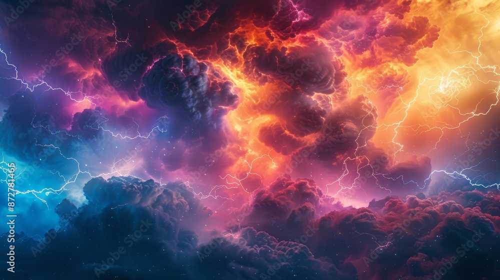Abstract sky with vibrant, dramatic storm clouds and lightning.