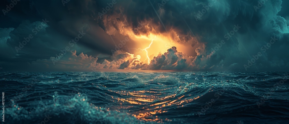 A dramatic storm rages over the ocean, with lightning striking through dark clouds. A dramatic storm rages over the ocean, with lightning striking through dark clouds.
