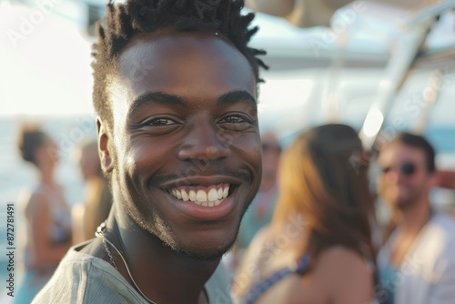 Wallpaper Mural A smiling young man enjoying an outdoor boat party with friends in the background, showcasing a vibrant and joyful atmosphere under the bright sunlight. Torontodigital.ca