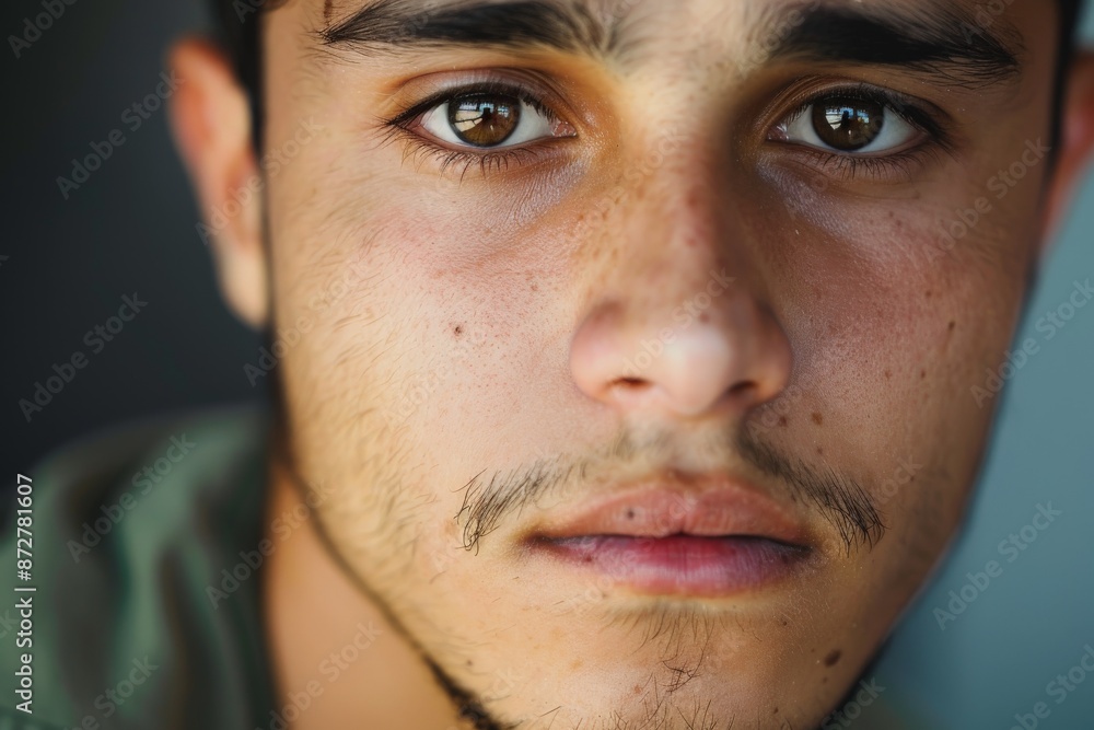 Obraz premium An intense close-up portrait of a young man with a serious expression, displaying a sense of deep thought and reflection, captured in high detail.
