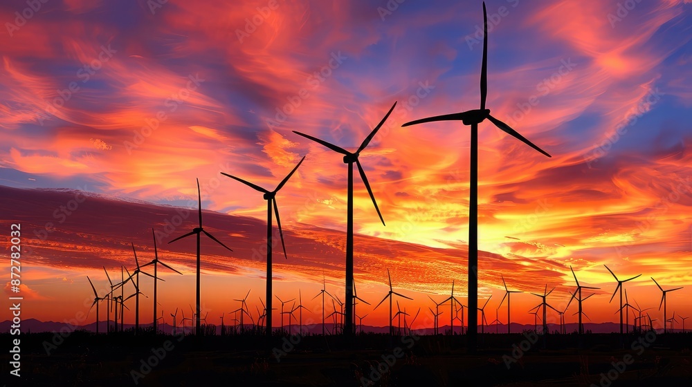 Obraz premium Silhouette of a wind farm with turbines against a colorful sky