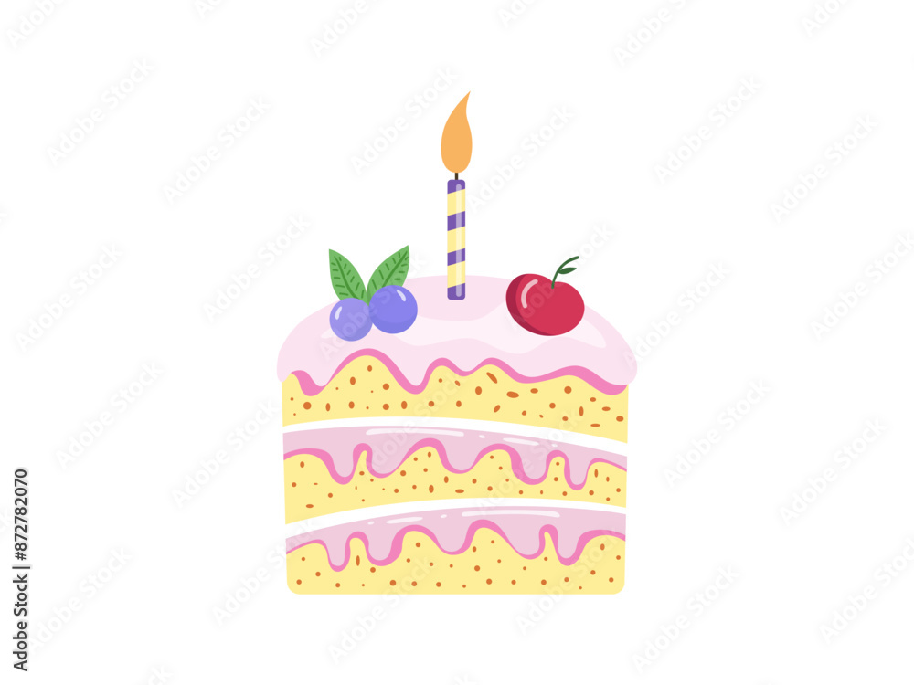 Cake slice piece with candle isolated on white background. Vector illustration for stickers and postcards Cake slice piece with candle isolated on white background. Vector illustration for stickers and postcards