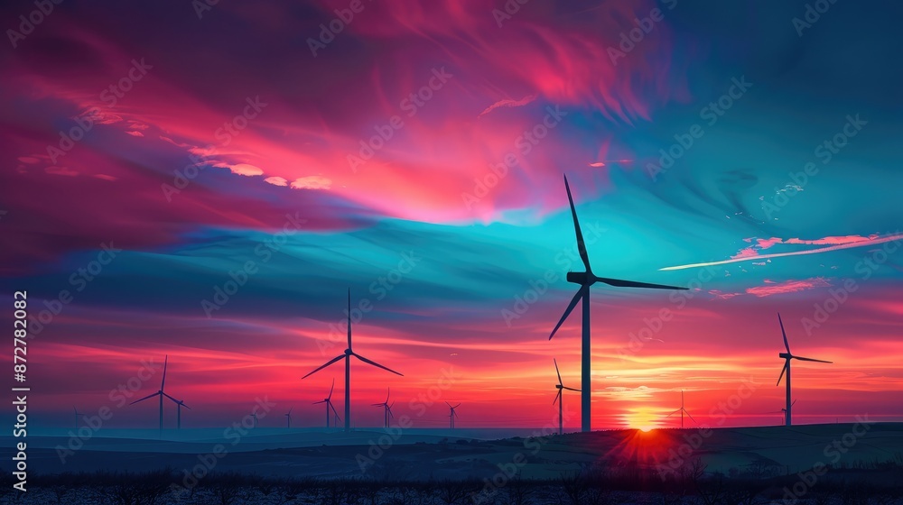 Obraz premium Silhouette of a wind farm with turbines against a colorful sky