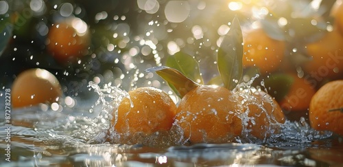 Fresh Orange Halves Splashing Into Water During Sunset